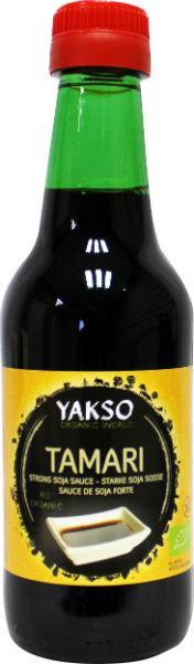 Bottle of Yakso Tamari bio soy sauce in a 250ml glass container, showing the label and dark liquid inside.
