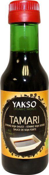 Organic Yakso Tamari soy sauce bottle, 125ml, in a clear glass container with a black cap, for sauces and flavoring.