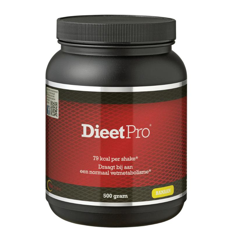 Dieet Pro Banaan kruidenpreparaat in 500g verpakking, fresh banana flavor, natural herbal supplement.