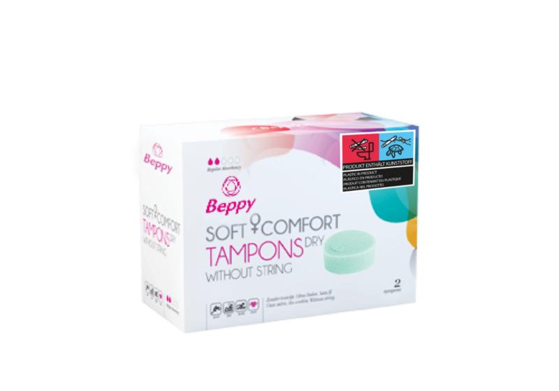 Beppy Soft+ comfort tampons dry, 2-pack, feminine hygiene product designed for comfort and dryness during use.