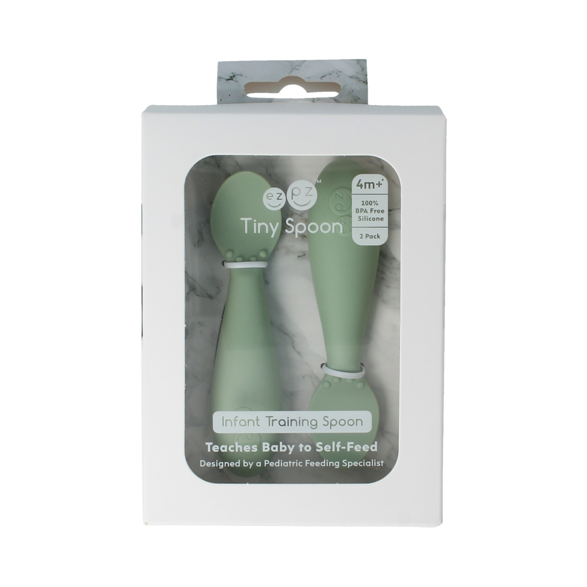 Ezpz Tiny spoon set for toddlers, includes two baby spoons with ergonomic handles, ideal for feeding young children.