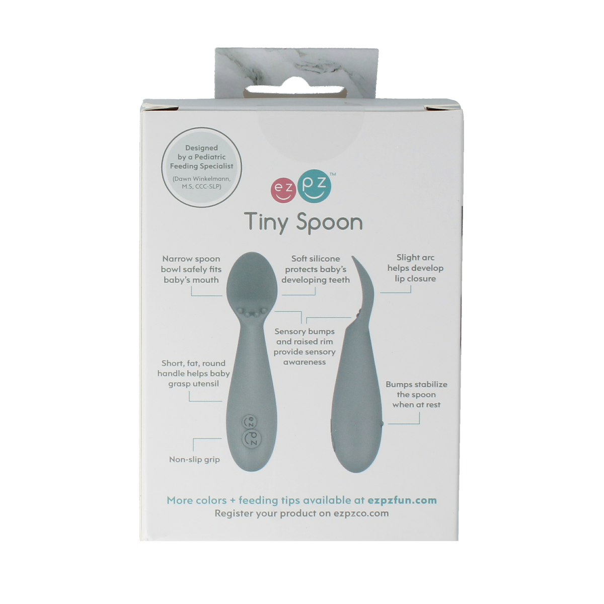 ezpz Tiny spoon set for toddlers, 2-piece baby and toddler feeding utensils, designed for young children.