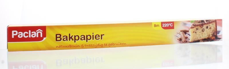 Paclan baking paper roll 8m x 38cm for cooking and baking, shown on a kitchen countertop with parchment paper visible.