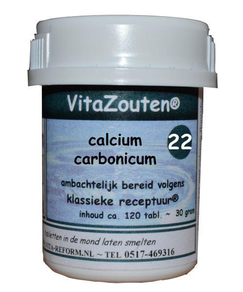 VitaZouten Calcium Carbonicum mineral tablets, VitaZouten brand, close-up of the bottle with tablets visible inside.
