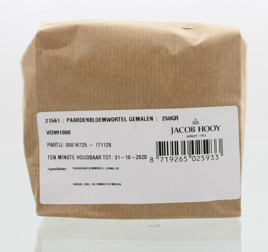 Grounded Jacob Hooy dandelion root in a 250g package, suitable for herbal remedies and cooking.