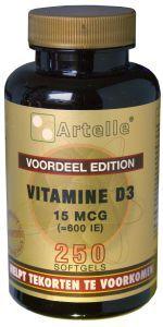 Artelle Vitamin D3 15mcg softgels, dietary supplement bottle with 250 softgels, showing the product label and softgel capsules.