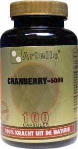 Artelle Cranberry 5000mg herbal supplement capsules shown in a bottle, part of Artelle kruidenpreparaten collection.
