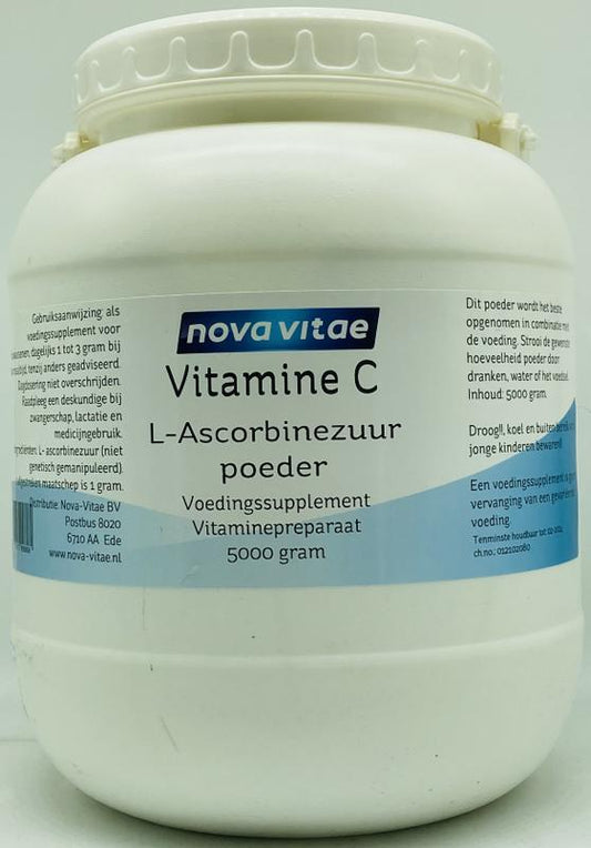 Nova Vitae Vitamine C ascorbinezuur poeder in 5kg bag, natural vitamin supplement with pure vitamin C powder.