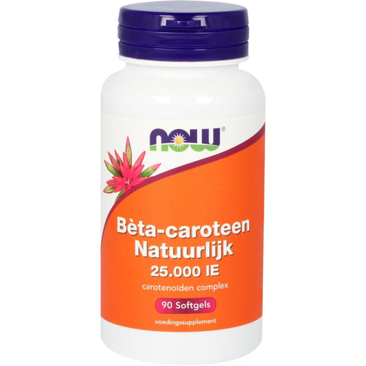 NOW Beta Carotene natural softgels in a bottle, dietary supplement for immune support and healthy skin.