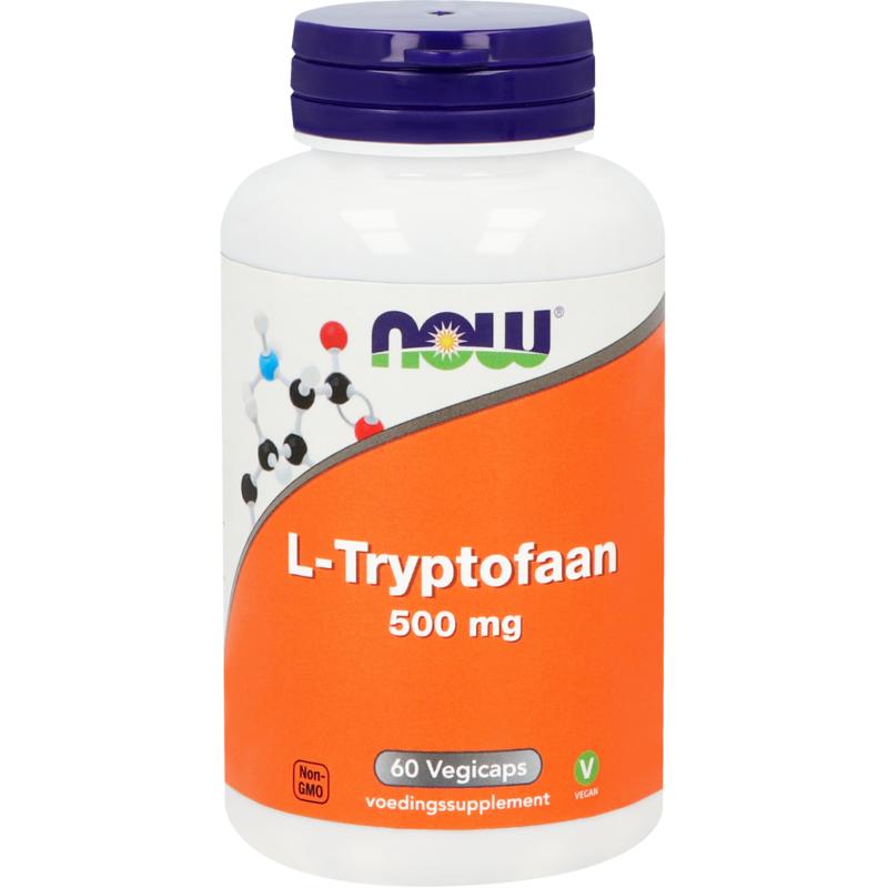 Now L-Tryptophan 500mg vegetarian capsules, dietary supplement with amino acids, shown in a clear bottle with capsules inside.