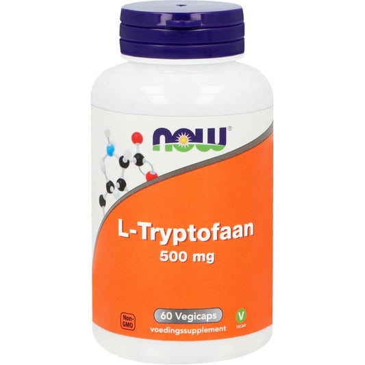 Now L-Tryptophan 500mg vegetarian capsules, dietary supplement with amino acids, shown in a clear bottle with capsules inside.