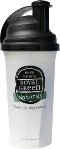 Royal Green shaker bottle for meal replacements, black and green design, durable plastic with a secure lid.