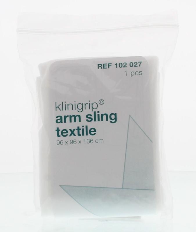 Klinigrip Mitella textile, buisverband and dressing, white fabric with soft edges, for arm support and wound care.