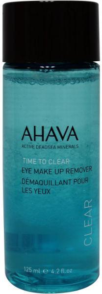 Ahava Eye Make-Up Remover 125ml bottle with clear label, gentle formula for removing eye makeup, placed on a white background.