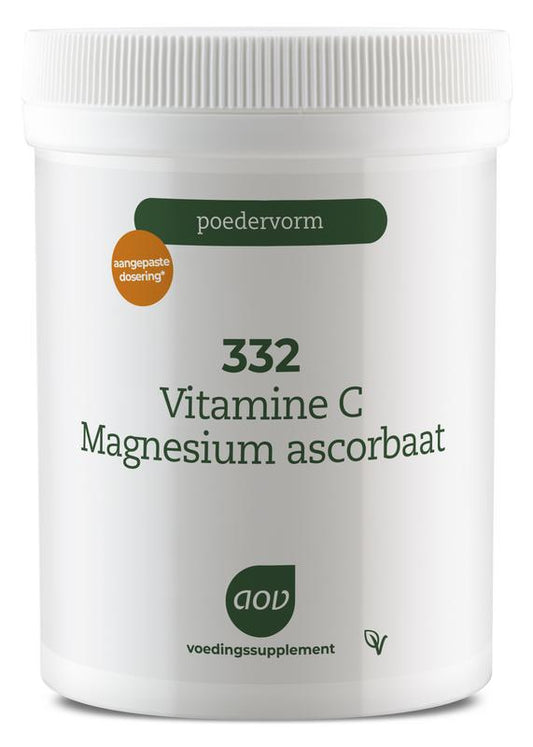 AOV Vitamine C magnesium ascorbate mineral supplement in a 250g container, showing the product label and packaging.