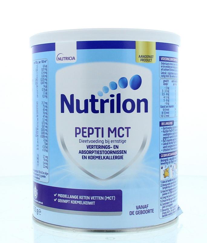 Nutrilon Pepti MCT baby and toddler nutrition powder, 450 grams, in a white container with label showing product details.