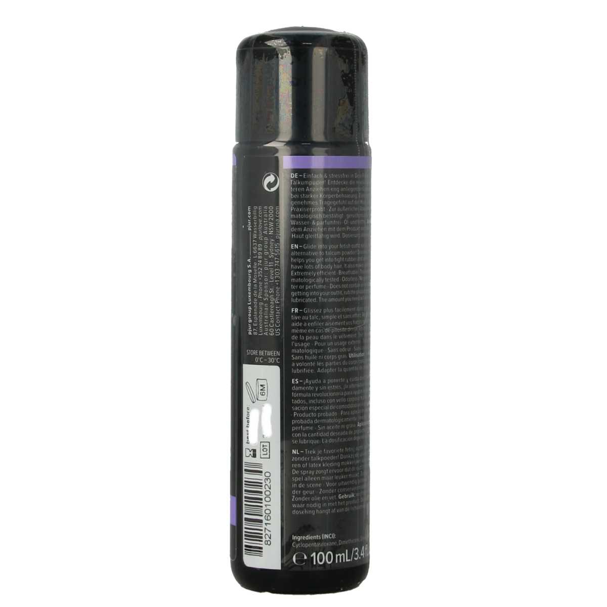 Pjur Cult latex gel in a 100ml bottle, body care product from Pjur with clear label and silver cap, on a white background.