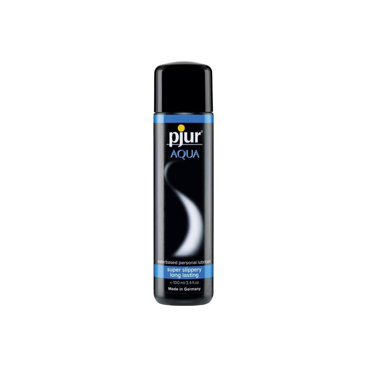 Pjur Aqua water-based lubricant bottle with 100ml capacity, clear packaging, and the Pjur brand logo visible.