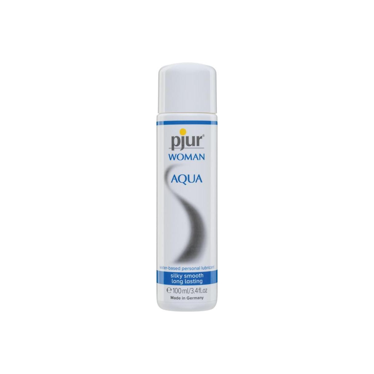 Pjur Woman Aqua lubricant in 100ml bottle, clear water-based personal lubricant for women, featuring smooth, moisturizing formula.