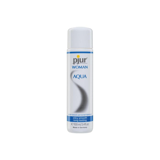 Pjur Woman Aqua lubricant in 100ml bottle, clear water-based personal lubricant for women, featuring smooth, moisturizing formula.