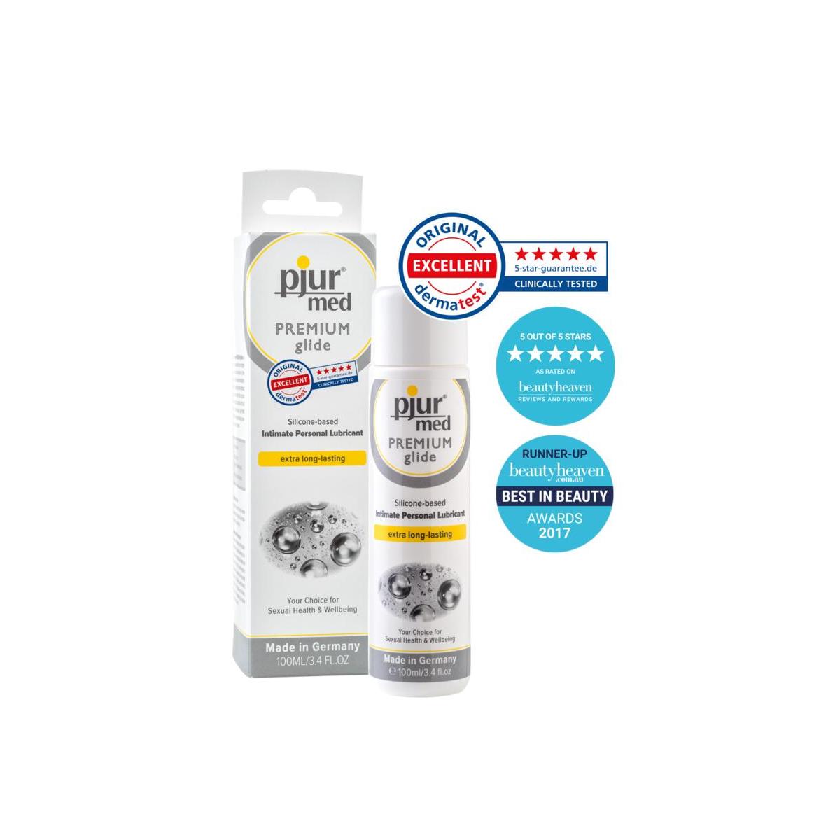 Pjur Premium glide lubricant in 100ml bottle, transparent and smooth, ideal for personal use and enhancing intimacy.