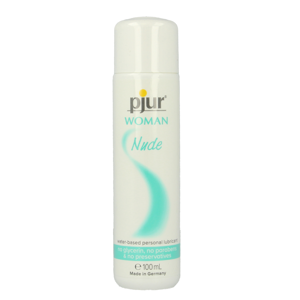 Pjur Woman Nude lubricant bottle, 100ml, clear silicone-based glide for intimate use, with minimalist label and cap.