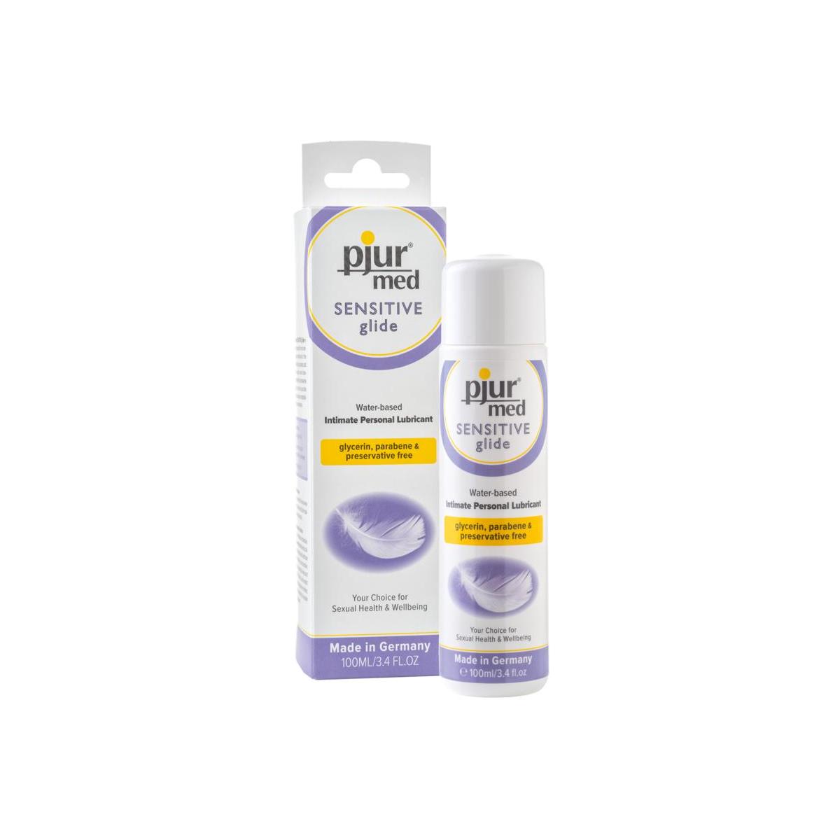 Pjur Sensitive glide lubricant in 100ml bottle, clear and smooth, designed for sensitive skin and personal comfort.