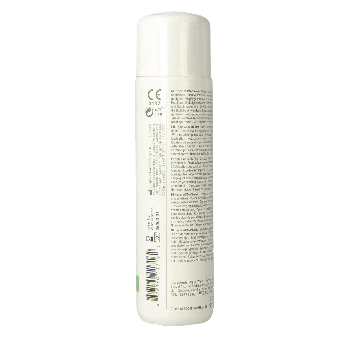 Pjur Woman aloe lubricant bottle, 100ml, clear gel for personal intimate use, featuring the Pjur brand logo and product packaging.