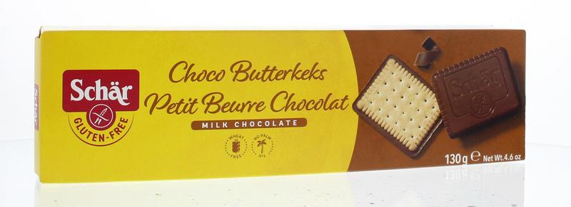 Schar Butterkeks chocolade glutenvrij biscuits in a package, showcasing crispy gluten-free Schar chocolate cookies.