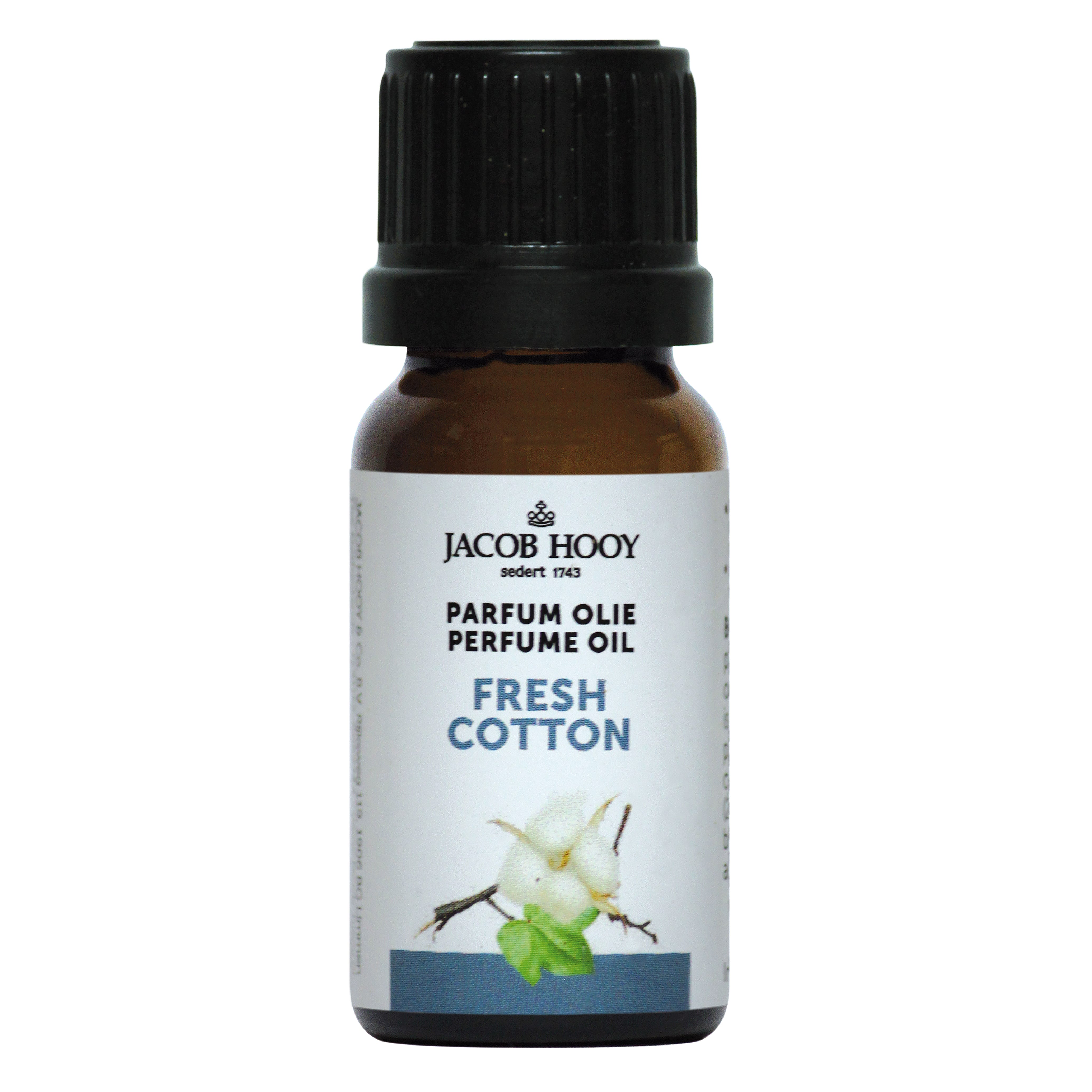 Jacob Hooy Fresh Cotton parfum olie in 10ml bottle, natural essential oil with a fresh cotton scent, for aromatherapy or relaxation.
