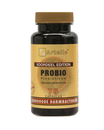 Artelle Probio 75 capsules containing beneficial micro-organisms for digestive health, shown in the image.