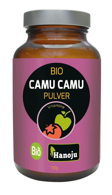 Hanoju Camu Camu powder in a 100g glass bottle, organic herbal supplement, with vibrant red powder visible inside.