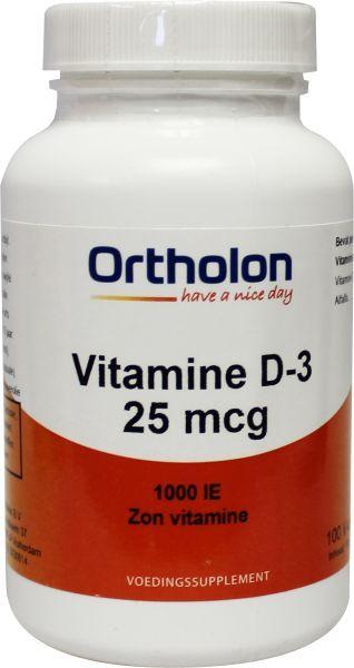 Ortholon D 25 mcg 1000 IU vegetarian capsules, vitamin D supplement, shown in a bottle with capsules inside.