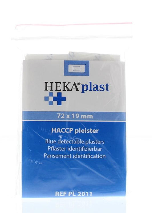 Blue Heka HACCP pleisters, 72x19mm, adhesive bandages for hygiene and wound care, shown in the image.
