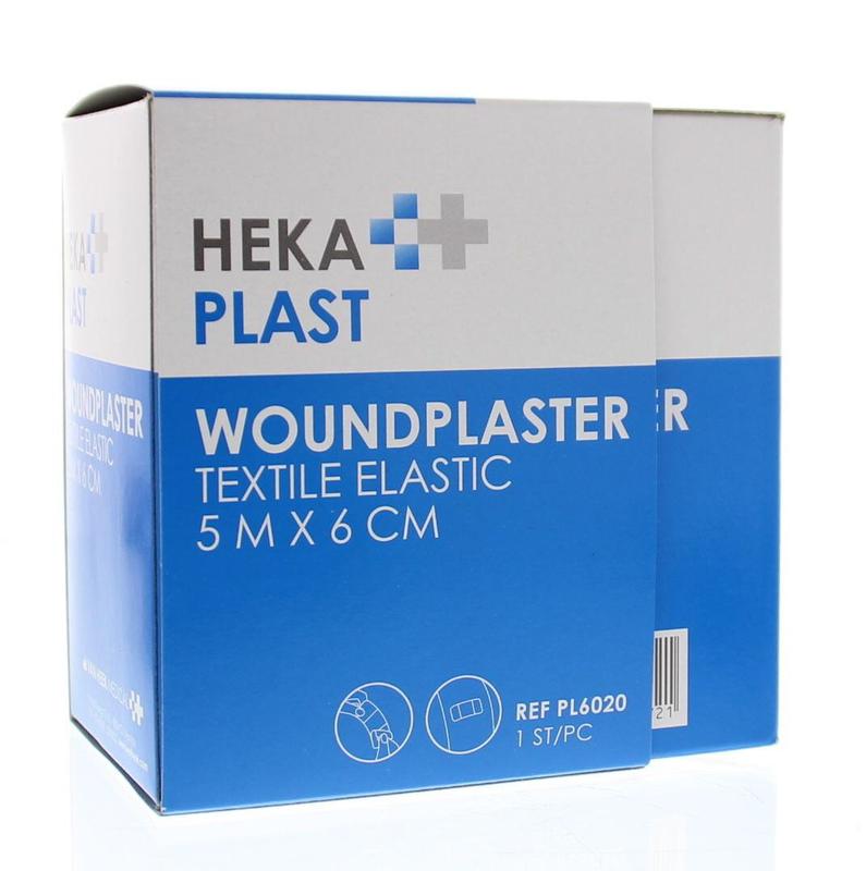 Hekaplast pleister dispenser roll with 5m x 6cm textile bandage, shown in the image.