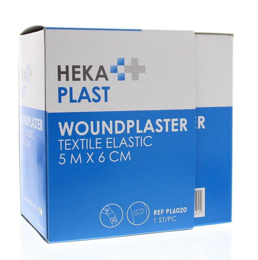 Hekaplast pleister dispenser roll 5m x 6cm textile bandage for wound care, shown in the image.