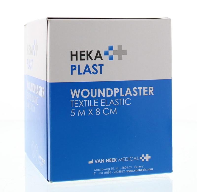 Hekaplast Dispenser with 5m x 8cm textile bandage and tape for wound care, in a compact dispenser.