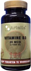 Artelle Vitamin D3 25mcg softgels bottle, dietary supplement for bone health, with 100 softgels in the container.