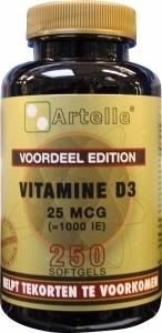 Artelle Vitamin D3 25mcg softgels bottle showing the supplement capsules and labeling for daily vitamin intake.