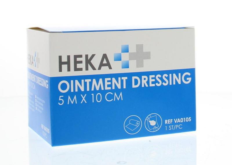 Heka Watten ointment dressing with Engels pluksel, 5m x 10cm, sterile cotton gauze for wound care, packaged in a single piece.