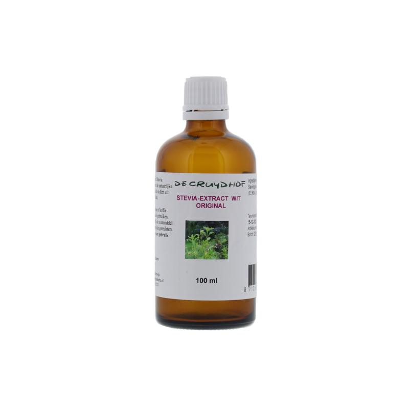 Cruydhof Stevia wit original liquid sweetener in a 100ml bottle, natural plant-based sugar substitute for tea and desserts.