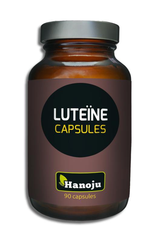Hanoju luteine capsules for eye health, 90-count herbal supplement in a white bottle with capsules visible inside.