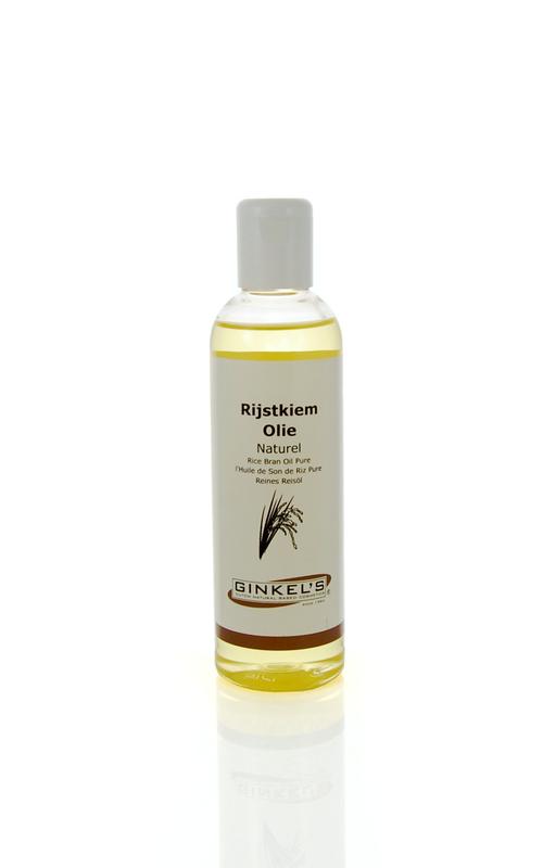 Ginkel's Rijstkiemolie 200ml bottle, natural body care product with clear label and golden oil inside.