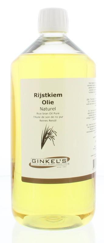 Ginkel's rijstkiemolie 1 liter bottle for body care, clear label and golden oil inside, ideal for skincare routines.