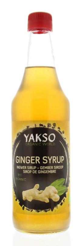 Yakso bio gember stroop in 480ml bottle, a natural ginger syrup for cooking and flavoring, part of Sauzen en Smaakmakers.