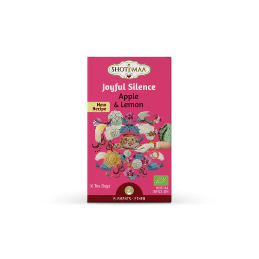 Shoti Maa Ether joyful silence organic tea sachets, featuring 16 individual tea bags in a natural and calming packaging.
