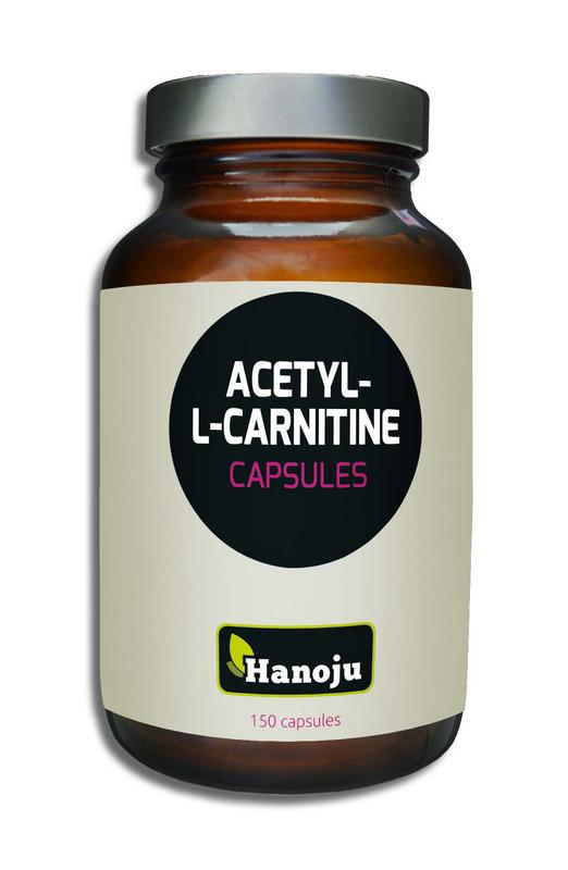 Hanoju Acetyl-L-Carnitine 400mg supplement capsules, dietary amino acid capsules, 150-count bottle.