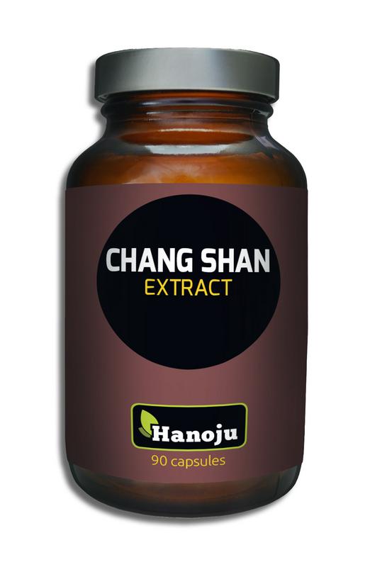 Hanoju Chang Shan extract 400 mg capsules, herbal supplement in a clear bottle with 90 capsules for traditional herbal remedy.