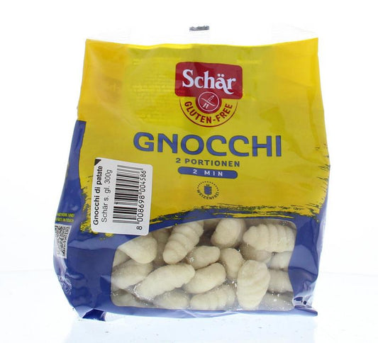 Gluten-free Schar Gnocchi pasta in 300g package, showing fresh, plump gnocchi on a white background.