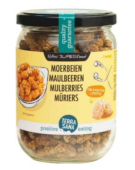 TerraSana Raw Moerbei Bessen Wit in glas, bio superfood, 190g jar with white mulberry berries visible inside.